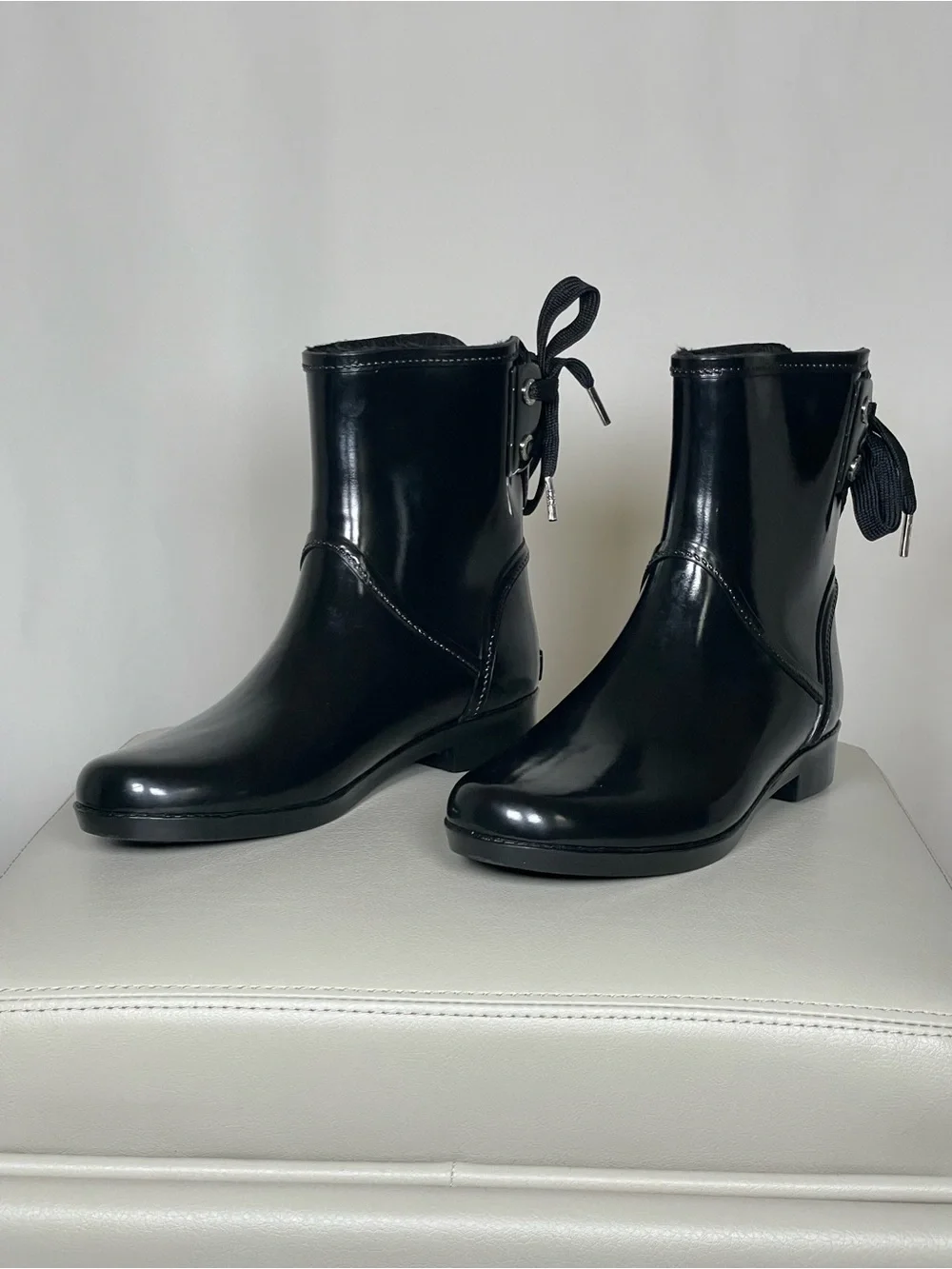 Michael Kors Black Patent  Ankle Rain Booties with Back Bow Accent